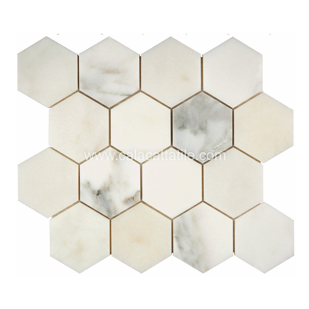 Calacatta Royale Marble 3" Hexagon Mosaic Tile