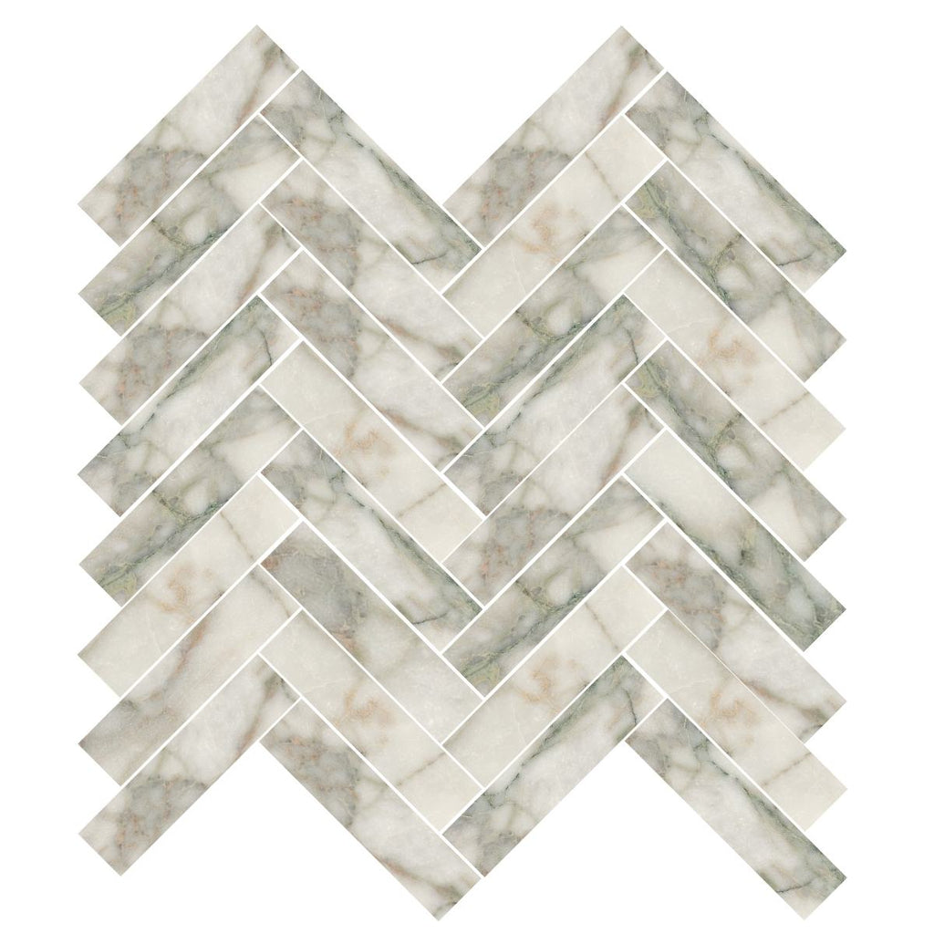 Calacatta Green Marble 1 x 3 Herringbone Mosaic Tile