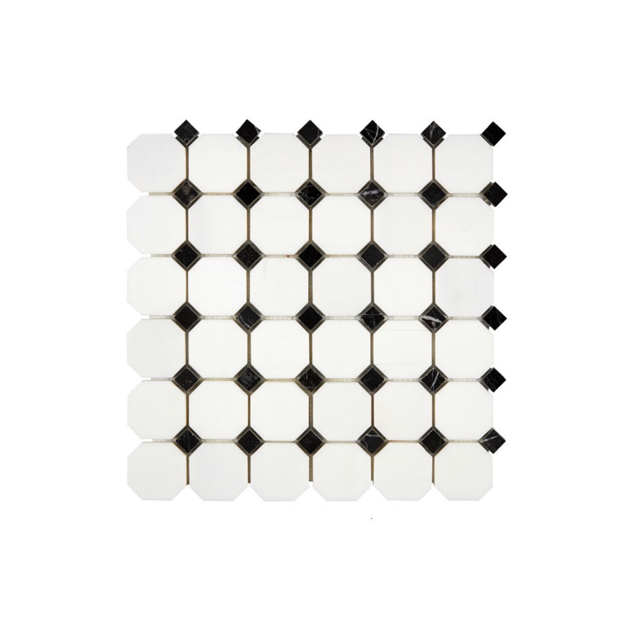 Bianco Dolomiti Octagon w/ Black Dots Mosaic Tile