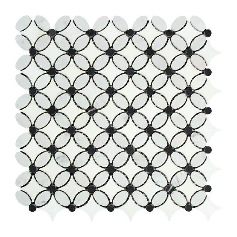 Bianco Carrara / Black Marble Floral Design Mosaic Tile