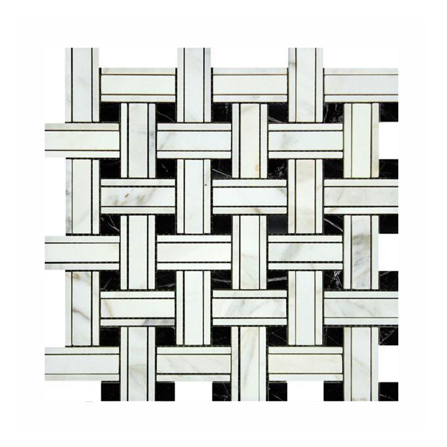 Calacatta Gold Marble Lattice Basket w/ Black Dots Mosaic Tile