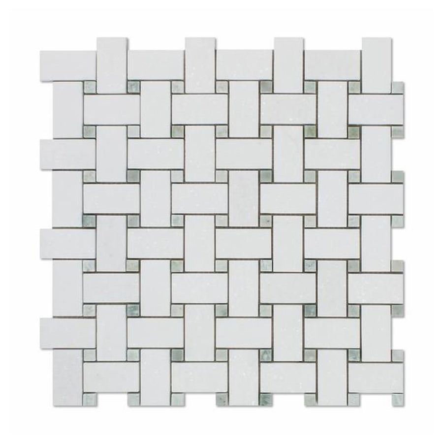 Thassos Marble 1 x 2 Basket Weave w/ Ming Green Dots Mosaic Tile