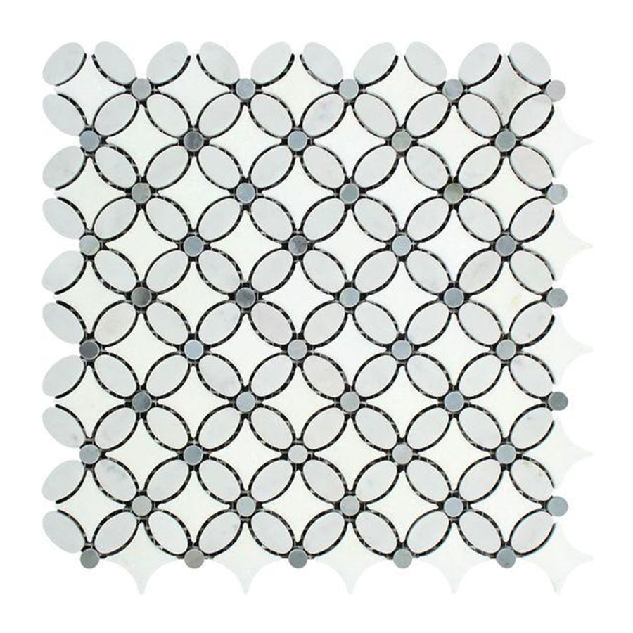 Bianco Carrara / Bardiglio Marble Floral Design Mosaic Tile