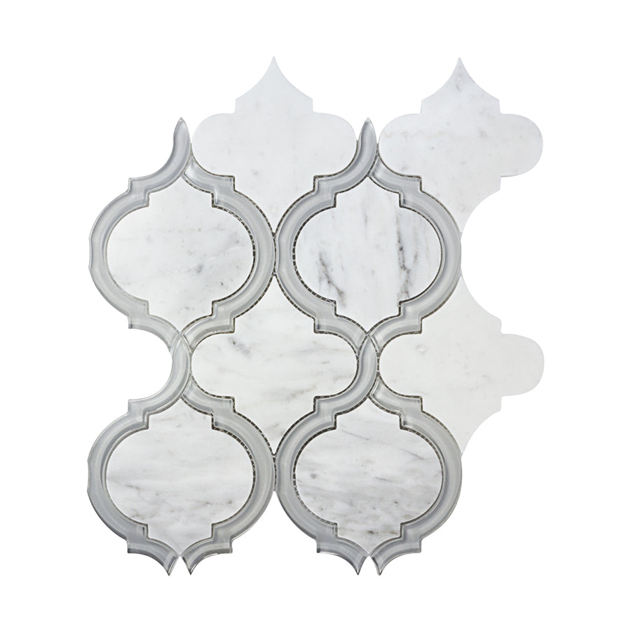 Bianco Carrara Marble / Grey Glossy Glass Arabesque Design Mosaic Tile