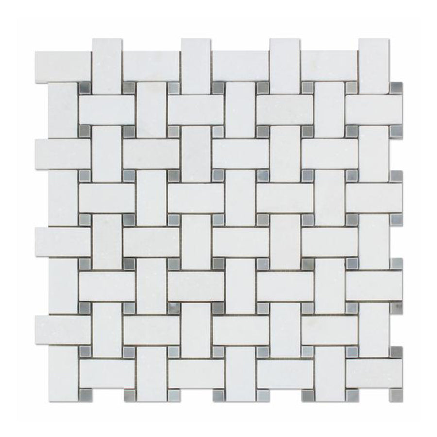 Thassos Marble 1 x 2 Basket Weave w/ Bardiglio Dots Mosaic Tile