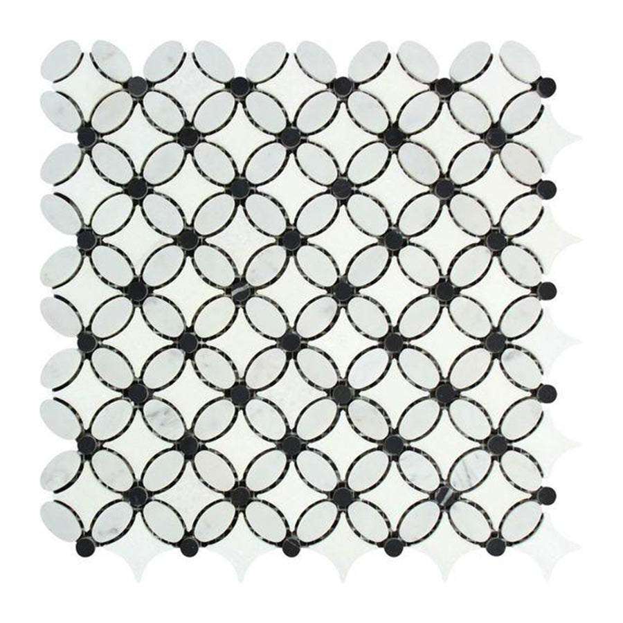 Thassos / Black Marble Floral Design Mosaic Tile