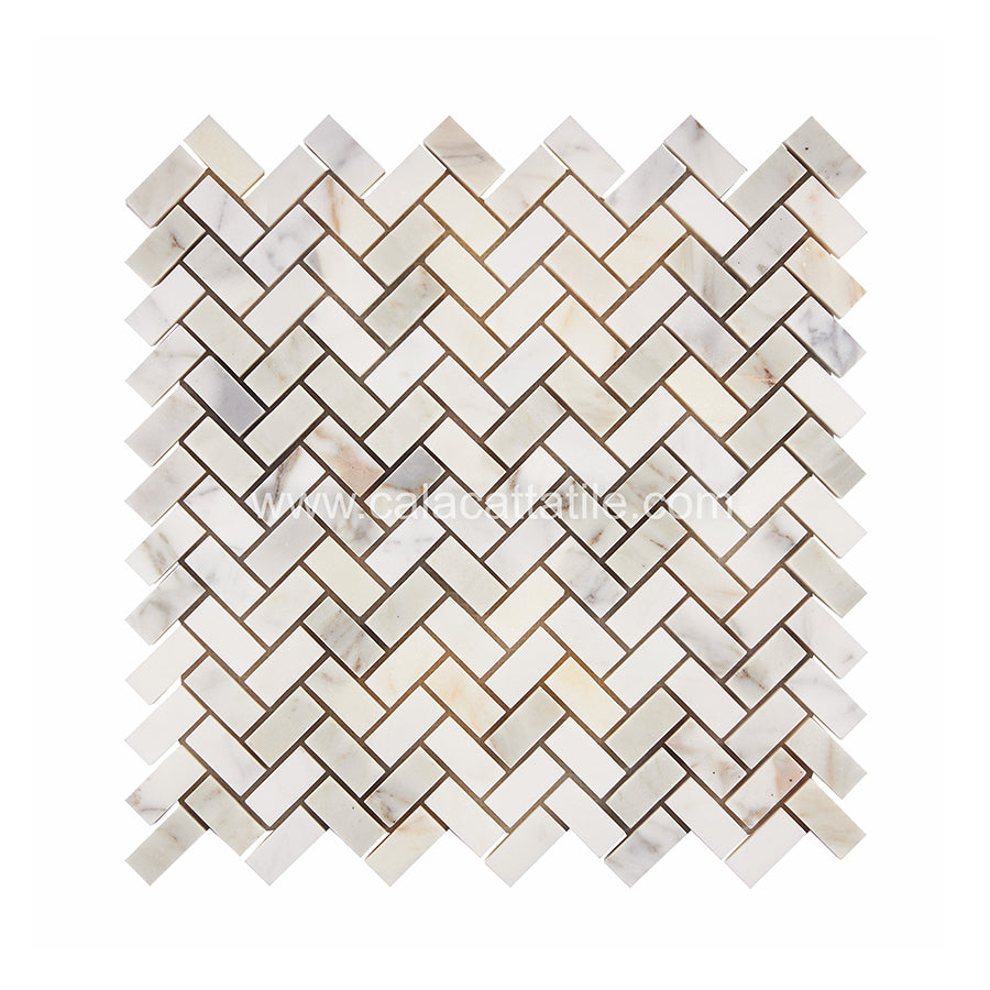 Calacatta Gold Marble 5/8 x 1 1/4 Mini Herringbone Mosaic Tile