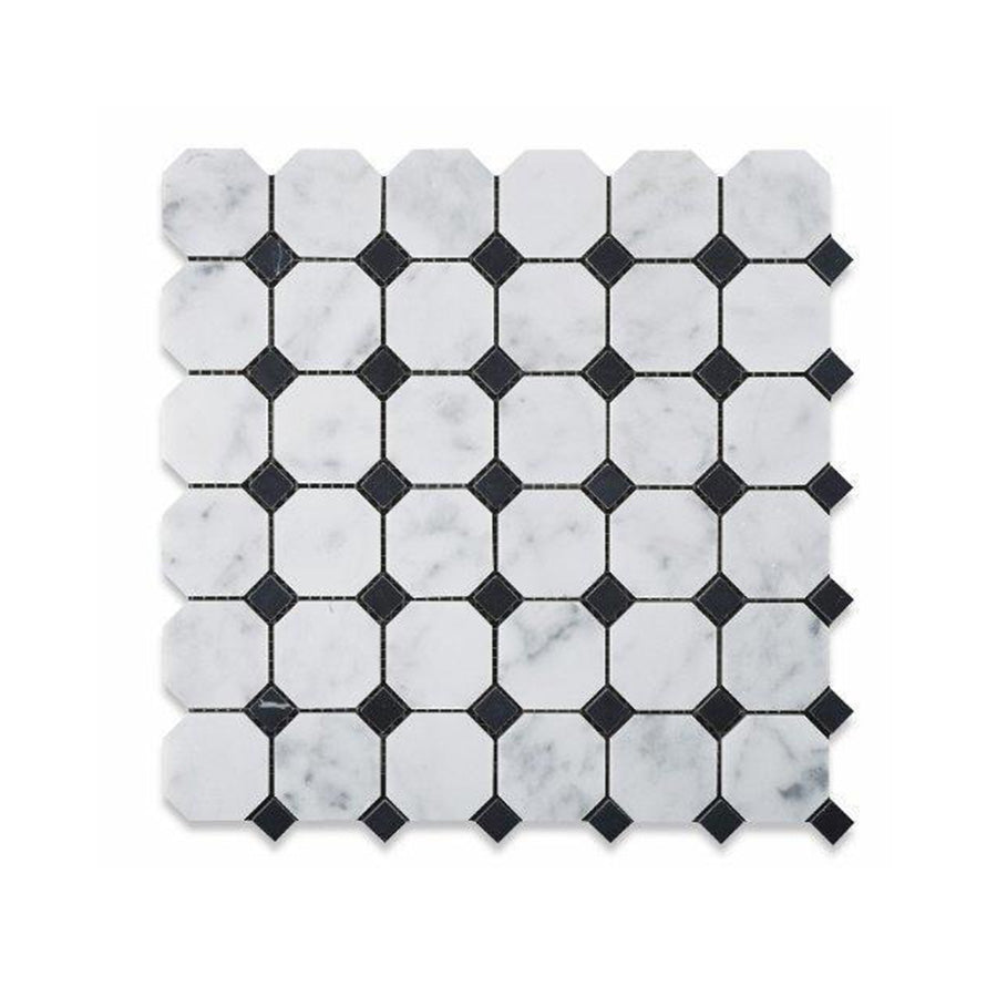 Bianco Carrara Octagon w/ Black Dots Mosaic Tile