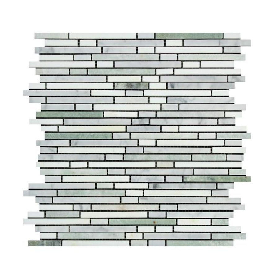 Bianco Carrara / Thassos / Ming Green Marble Bamboo Random Strip Mosaic Tile