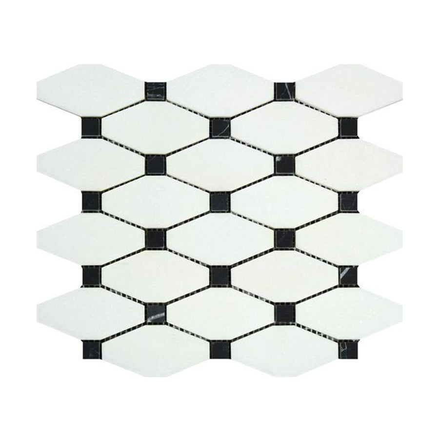 Thassos Rhomboid Long Octave w/ Black Dots Mosaic Tile