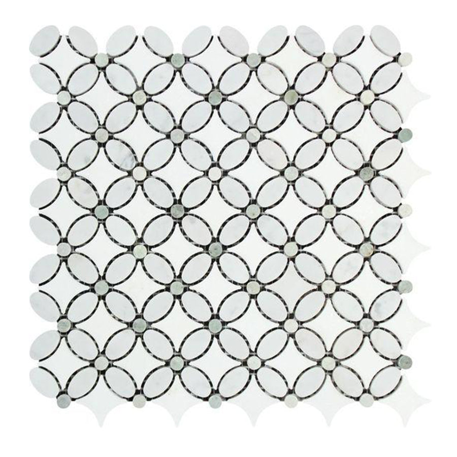 Thassos / Ming Green Marble Floral Design Mosaic Tile