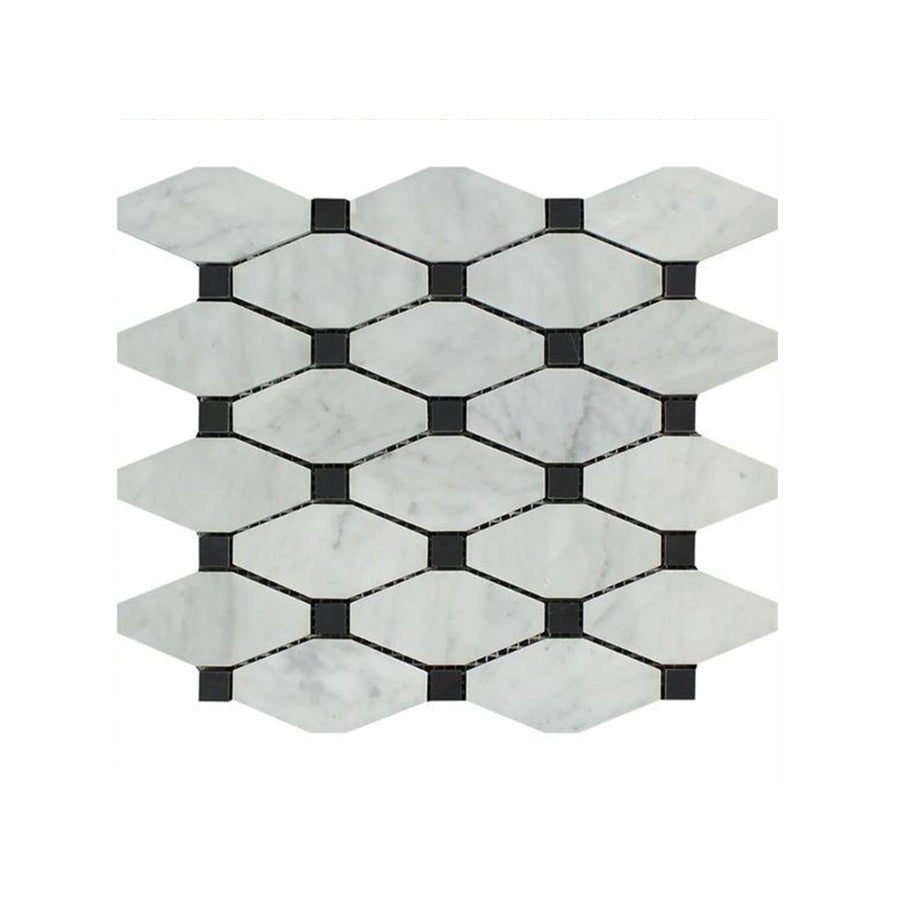 Bianco Carrara Rhomboid Long Octave w/ Black Dots Mosaic Tile