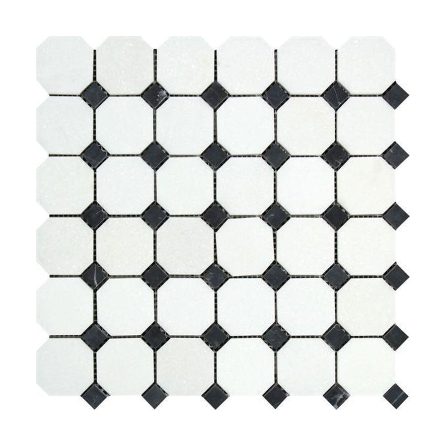 Thassos Octagon w/ Black Dots Mosaic Tile