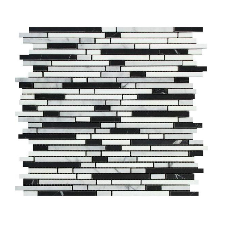 Bianco Carrara / Thassos / Black Marble Bamboo Random Strip Mosaic Tile