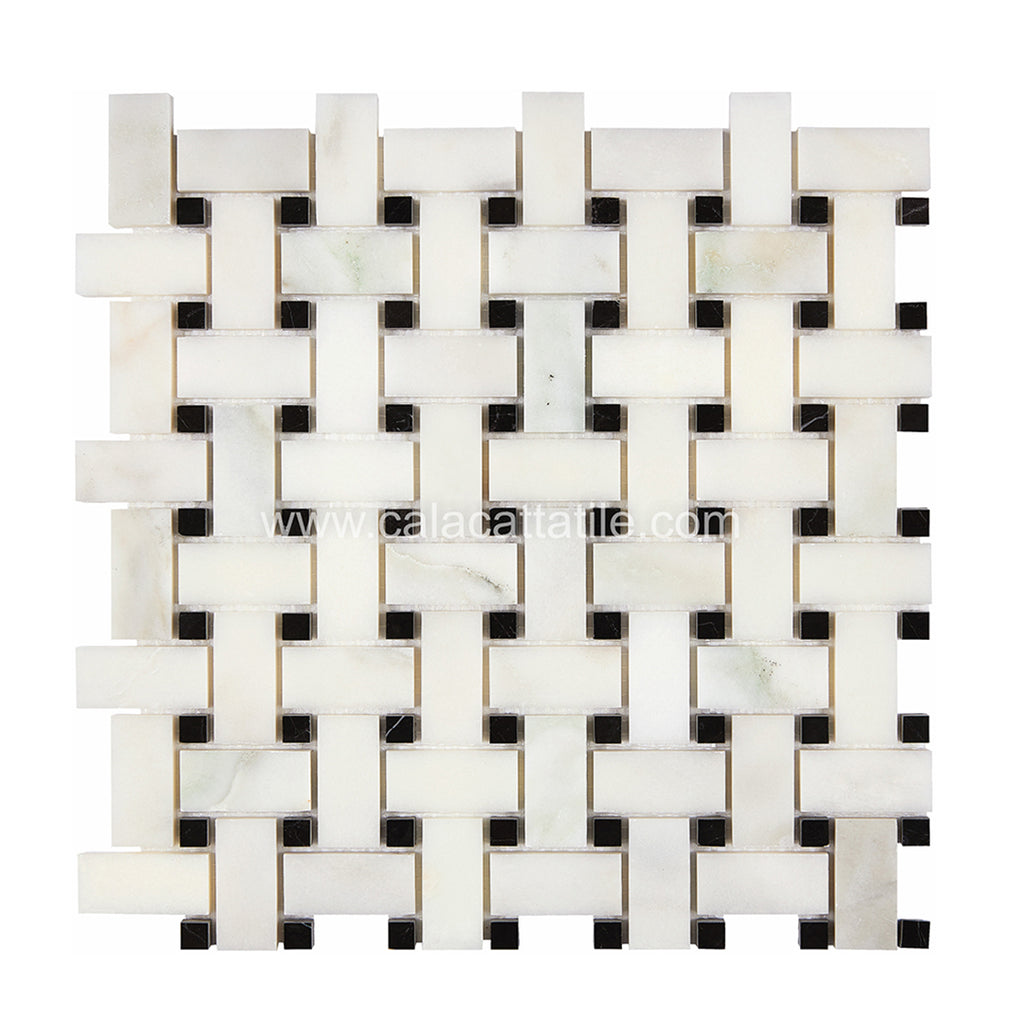 Calacatta Royale Marble 1 x 2 Basket Weave w/ Black Dots Mosaic Tile