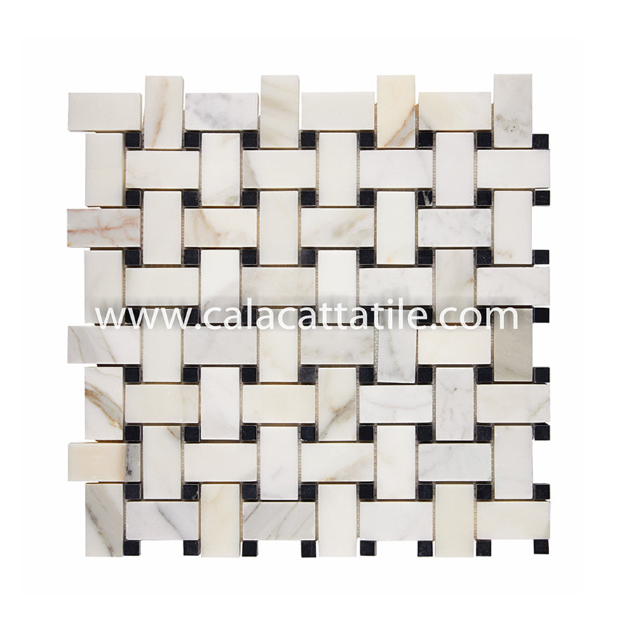 Calacatta Gold Marble 1 x 2 Basket Weave w/ Black Dots Mosaic Tile