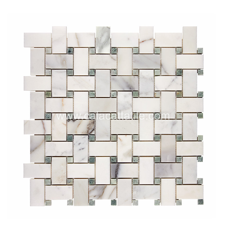 Calacatta Gold Marble 1 x 2 Basket Weave w/ Ming Green Dots Mosaic Tile