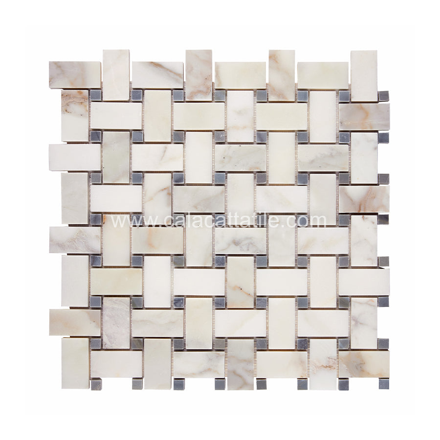 Calacatta Gold Marble 1 x 2 Basket Weave w/ Bardiglio Dots Mosaic Tile