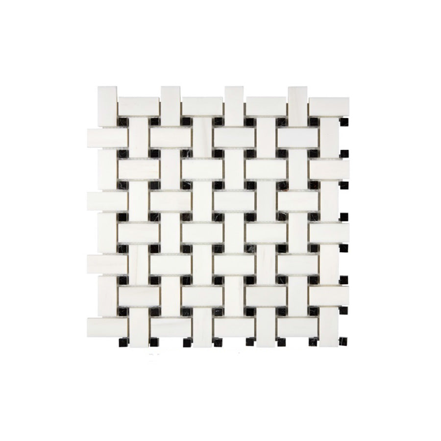 Bianco Dolomiti Marble 1 x 2 Basket Weave w/ Black Dots Mosaic Tile