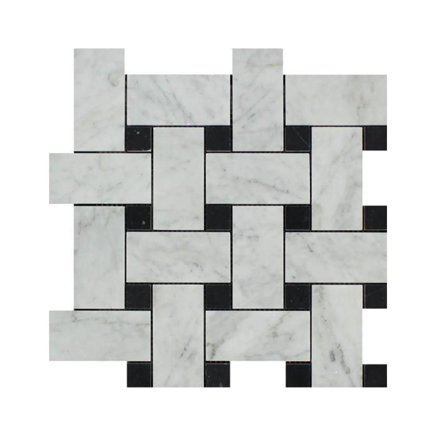 Bianco Carrara Marble 2 x 4 Basket Weave w/ Black Dots Mosaic Tile