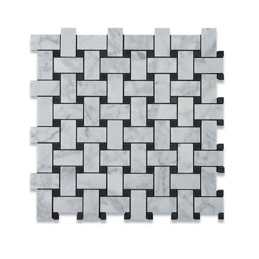 Bianco Carrara Marble 1 x 2 Basket Weave w/ Black Dots Mosaic Tile