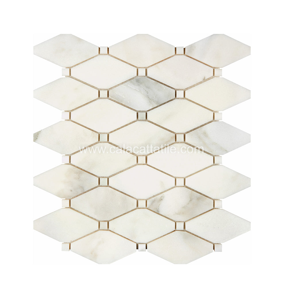 Calacatta Royale Marble Long Octagon w/ Cal. Royale Dots Mosaic Tile