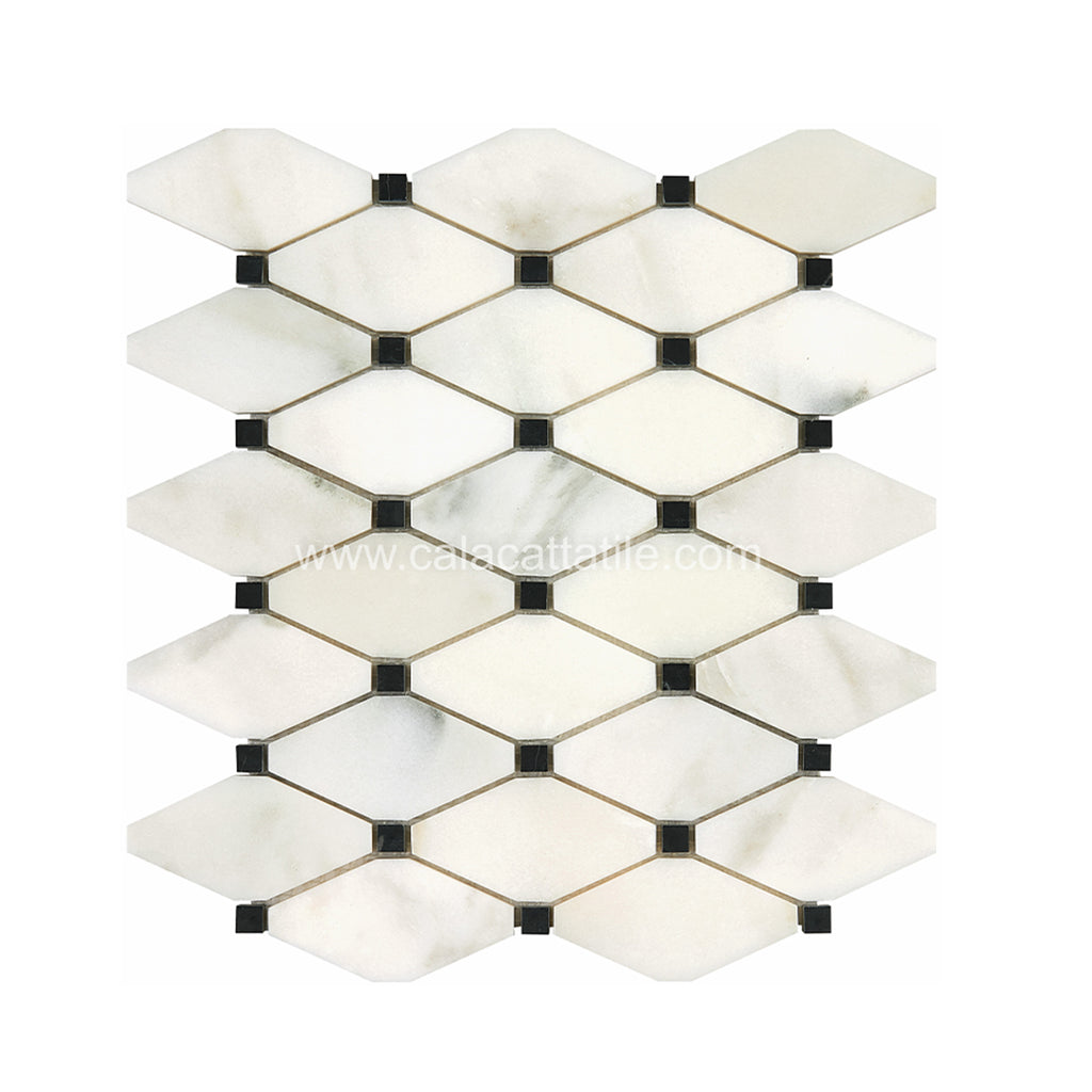 Calacatta Royale Marble Long Octagon w/ Black Dots Mosaic Tile