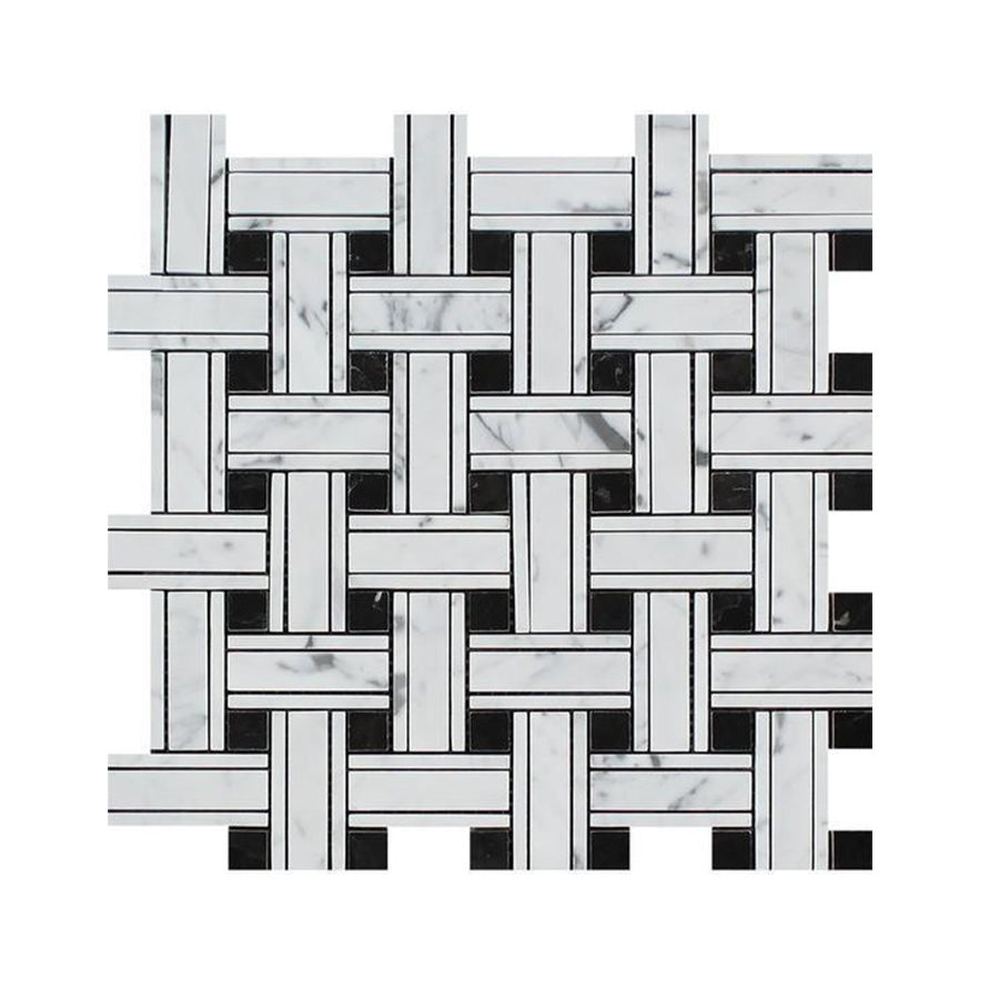 Bianco Carrara Marble Lattice Basket w/ Black Dots Mosaic Tile